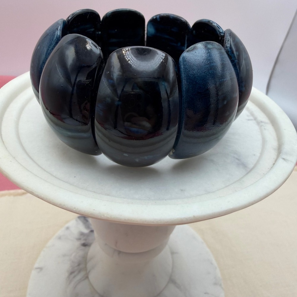 Navy Blue Marbled Resin Chunky Stretch Bracelet Fashion Jewelry Statement Piece